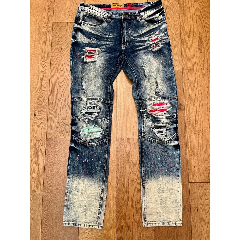 Makobi Mens Biker Jeans Acid Wash Distressed Paint Splatter Moto Denim 34x31